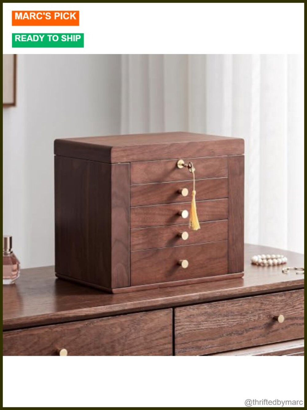 Black Walnut Wooden Jewelry Box 5-Layer Mirror Lock Organizer